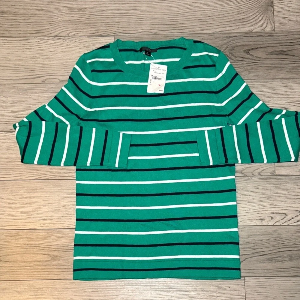 NEW! J. Crew Green Navy White Striped Women's Crewneck Sweater Small